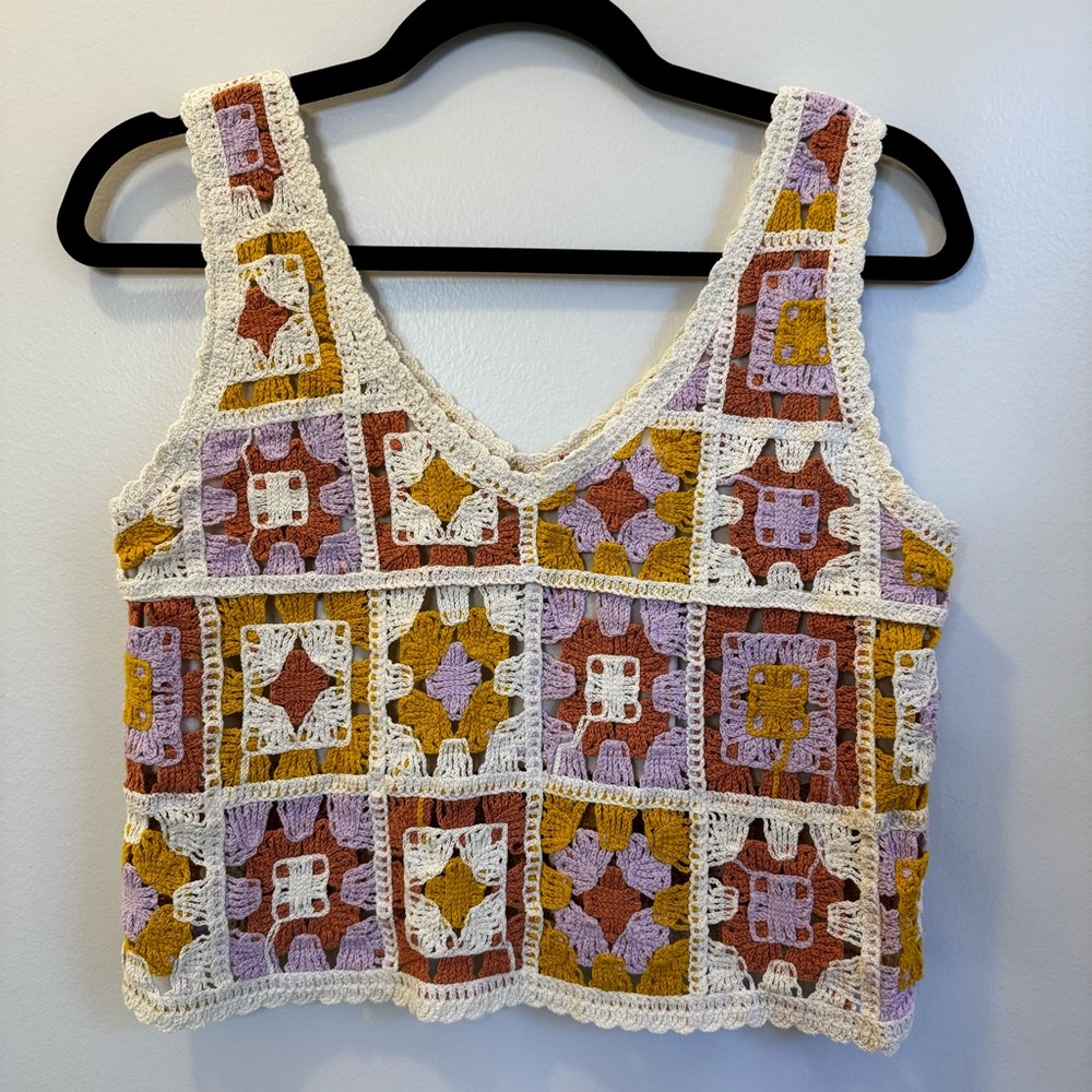 Rebellion Pink, Orange, Yellow, Cream Crochet Crop Top - Size Small